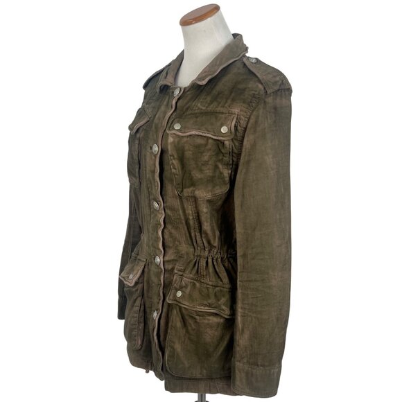 Free People Distressed Olive Button Front Relaxed Military Jacket Gorpcore Boho - Picture 10 of 16